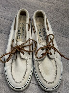 Sperry Top-Sider Men’s 8.5M White Leather Boat Shoes Brown Laces